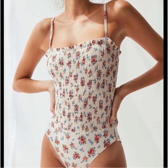 Urban Outfitters Women’s Out From Under Pink Rose Floral Smocked Bodysuit - Picture 3 of 11